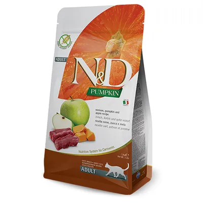 N&D Pumpkin Adult cibo per gatti con cervo, zucca e mela. Senza cereali. Origine Italia. Per gatti adulti.