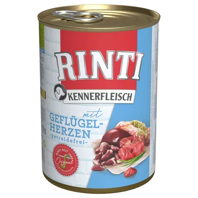 Rinti Kennerfleisch med fjerkræhjerter, kornfri. Rinti siden 1983 Original. Dåse med 400 g indhold.