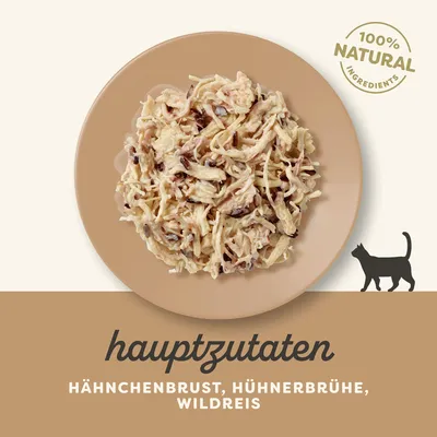 Hauptzutaten: Hähnchenbrust, Hühnerbrühe, Wildreis. 100% natürliche Zutaten. Abgebildet auf einem Teller mit Katzen-Symbol.