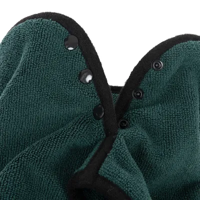 Green microfibre towel with black press studs and black edging, suitable for quick drying.