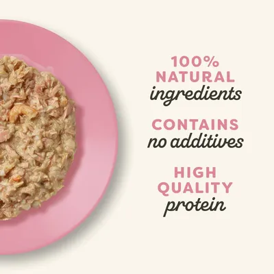 Text reads: 100% natural ingredients, contains no additives, high quality protein. Image shows a portion of wet food on a pink plate.