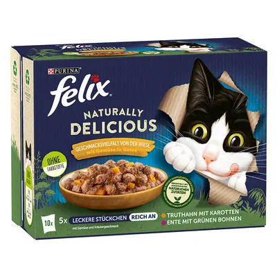 Boîte Purina Felix Naturally Delicious, assortiment 10x sachets, sans colorants, morceaux en gelée, dinde avec carottes, canard avec haricots verts. Texte allemand sur l’emballage.