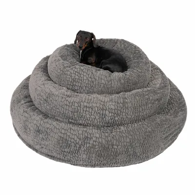 Kleine hond ligt in een groot, rond, grijs knuffelbed met meerdere verhoogde randen.