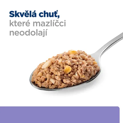 Text v češtine: Skvělá chuť, které mazlíčci neodolají. Lyžica s mletým krmivom pre domáce zvieratá.
