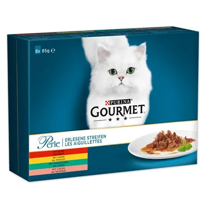 Purina Gourmet Perle Fine Strips, 8x85g. Varieties: beef, chicken, rabbit, salmon. Packaging shows a white Persian cat and a plate with meat strips.