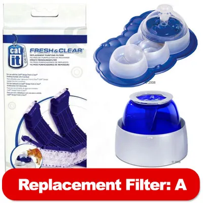 Replacement filter A for Catit Fresh & Clear water fountain, showing filter pack, blue and white water fountain, and compatible filter cartridges.