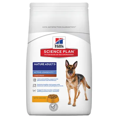 Hill's Science Plan Mature Adult 5+ Active Longevity Large Breed с пиле. Видими надписи: поддържа стави, органи и мускули. Снимка на куче и купичка с гранули.