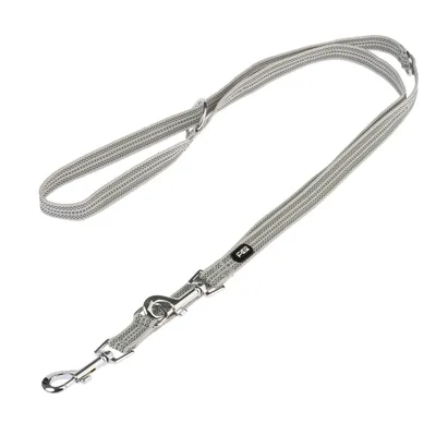 Guinzaglio per cani grigio in materiale resistente con moschettone in metallo e logo FCS sul guinzaglio.