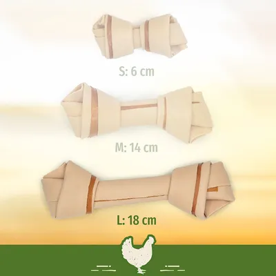 Rollos masticables en tres tamaños: S 6 cm, M 14 cm, L 18 cm. Símbolo de pollo abajo indica ave como ingrediente.
