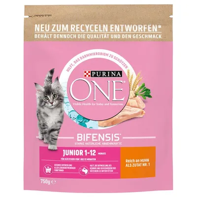 Purina ONE Bifensis Junior 1–12 kuukautta kissanpentujen kuivaruoan pakkaus, näkyvissä kanaa, viljaa ja pentukissa. Pakkauskoko 750 g.