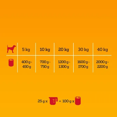 Feeding guide table showing daily food amounts by weight: 5kg, 400-450g; 10kg, 700-750g; 20kg, 1200-1300g; 30kg, 1600-1700g; 40kg, 2000-2200g. Conversion: 25g dry equals 100g wet.