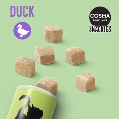 Cosma Pure Love Snackies mit Ente. Gefriergetrocknete Würfel, grüne Verpackung mit schwarzem Katzenmotiv.
