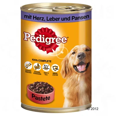 Pedigree tin with dog image, text 'mit Herz, Leber und Pansen', '100% COMPLETE', icons for bones, digestion, skin & coat, immune system, and 'Pastete' on bowl. Text partly in German.