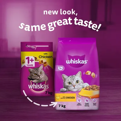 Image shows Whiskas 7kg chicken flavour packaging changing to a new design, with text: 'new look, same great taste', and highlights for 1+ years and with delicious chicken.