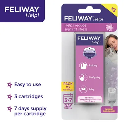 Feliway Help pack with 3 cartridges, each providing 7 days supply. Helps reduce signs of stress such as scratching, urine spraying and hiding. Easy to use, contains calming pheromones.