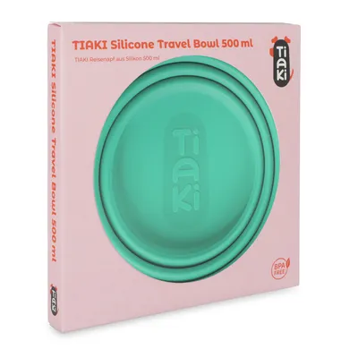 TIAKI travel bowl made of silicone, 500 ml, BPA-free. Packaging shows green bowl with TIAKI logo.