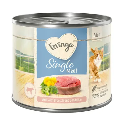 Feringa Single Meat Adult, Kalb mit Brokkoli und Löwenzahn, getreidefreie Rezeptur, 75% ausgewählte tierische Zutaten.