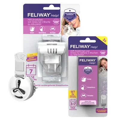 Feliway Help! set for stress reduction in cats. Includes diffuser and refill cartridges for 7 days of use, ideal for temporary stressful situations. Recommended by veterinarians.