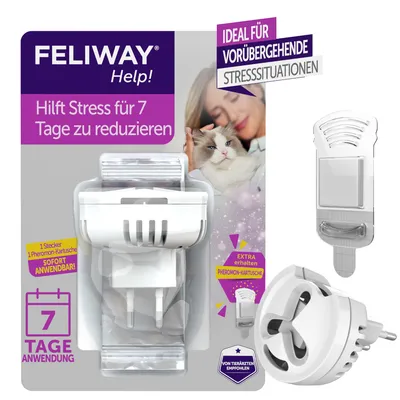 Feliway Help! wtyczka z wkładem feromonowym, pomaga redukować stres przez 7 dni. Idealna na przejściowe sytuacje stresowe. Polecana przez weterynarzy. Gotowa do użycia.