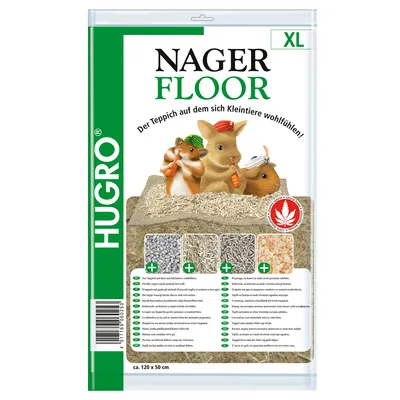 Hugro Nager Floor XL, matta för smådjur, ca 120 x 50 cm, med naturliga material och komfort. Produktbeskrivning synlig på flera språk.