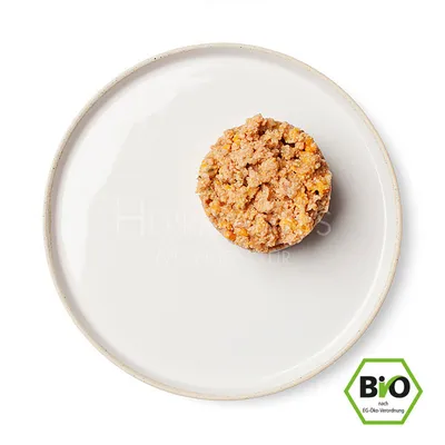 Portion vådfoder på hvid tallerken, synlige stykker kød og grøntsager. Tekst: BIO nach EG-Öko-Verordnung i grøn sekskant nederst til højre.