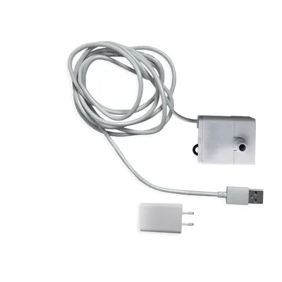 White USB cable with power adapter and pump attachment, suitable for electronic devices or accessories.