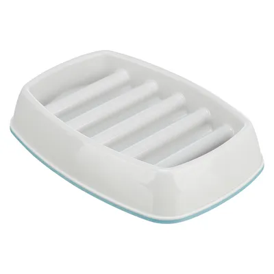 White feeding bowl with raised ridges for slow feeding, made of plastic.