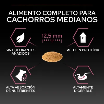 Alimento completo para cachorros medianos, croqueta de 12,5 mm. Sin colorantes añadidos, alto en proteína, alta absorción de nutrientes, altamente digerible.