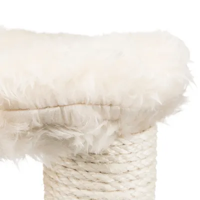 Cat tree with soft white plush cover and sisal-wrapped post. Close-up view of materials.