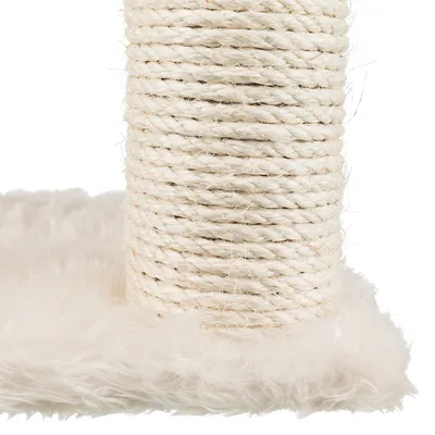 Scratching post made of light sisal with a fluffy white base plate.