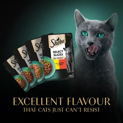 Sheba Select Slices in Gravy with chicken and beef, 85g pouches shown with text: Excellent flavour that cats just can’t resist.