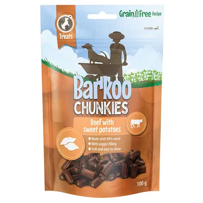 Barkoo Chunkies, manzo con patate dolci. Ricetta senza cereali, 88% di carne, ripieno di verdure, morbido e facile da masticare. Confezione: 100 g.