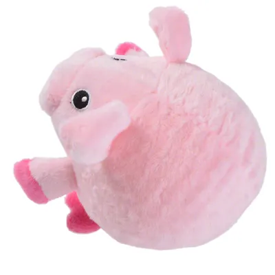 Rundes, rosa Plüschspielzeug in Schweineform mit aufgenähten Augen, Ohren und Beinen.