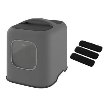 Grey cat house with transparent door and three black replacement filters. Modern design, suitable for indoor use.