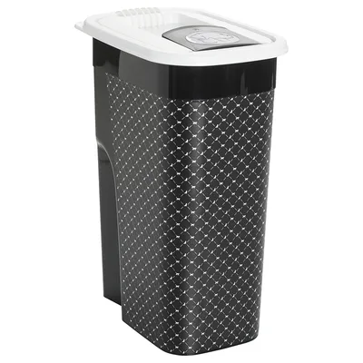 Black plastic storage container with patterned sides and a white lid, designed for storing dry pet food. Flip-top opening visible on the lid.