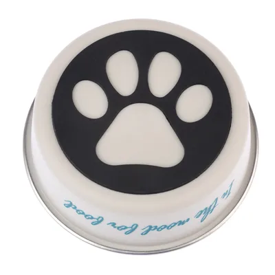 Round white tin with black paw print on the lid and blue text 'In the mood for food' on the side.