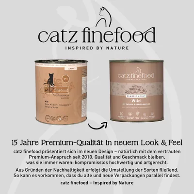catz finefood Classic Adult Wild: altes und neues Verpackungsdesign, Hinweis auf nachhaltige Umstellung und gleichbleibende Premium-Qualität seit 2010. catz finefood Classic Adult Wild: altes und neues Verpackungsdesign, Hinweis auf nachhaltige Umstellung und gleichbleibende Premium-Qualität seit 2010.