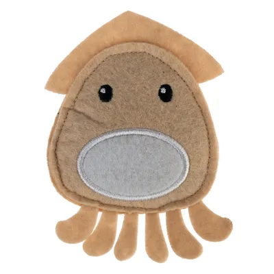 Jouet pour animal en forme de pieuvre beige et grise, fabriqué en feutre, avec yeux brodés et tentacules souples visibles.