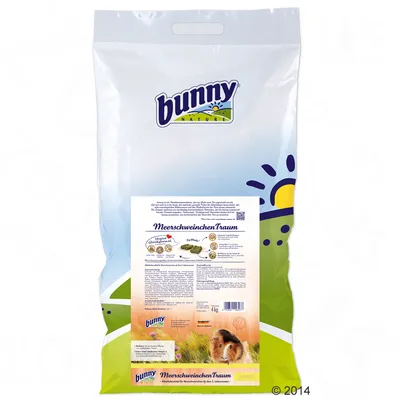 Ambalaj Bunny Nature MeerschweinchenTraum, 4 kg, cu imagine de cobai și informații despre produs pe etichetă. Text principal vizibil: MeerschweinchenTraum.