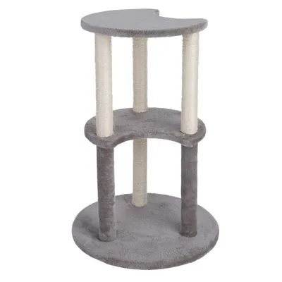 Árbol rascador de tres niveles, felpa gris y postes de sisal claros, apto para gatos para trepar y rascar.