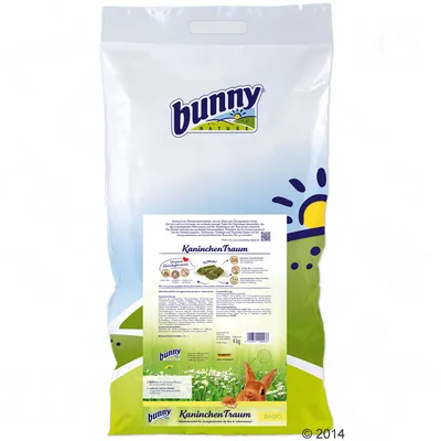 Ambalaj hrană pentru iepuri Bunny Nature KaninchenTraum, 4 kg, cu imagine de iepure și text informativ pe etichetă. Vizibile sigle și denumiri de produs.