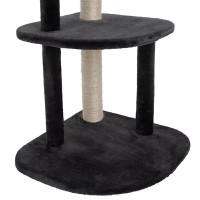 Cat tree with two black platforms and a sisal post, suitable for claw care.