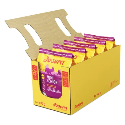 Josera Mini Senior torrfoder för äldre hundar, förpackning med 5 x 900 g, spannmålsfritt, lätt att bära med handtag. Made in Germany.