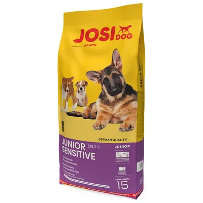 JosiDog Junior Sensitive, tørfoder til sensitive unghunde, German Quality, 15 kg pakke. Proteinindhold 25 %, fedtindhold 17 %. Powered by Josera.
