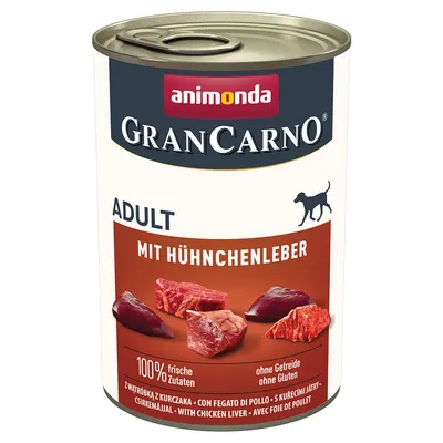 GranCarno Adult with chicken liver, 100% fresh ingredients, grain-free and gluten-free, shown on product can with meat pieces.