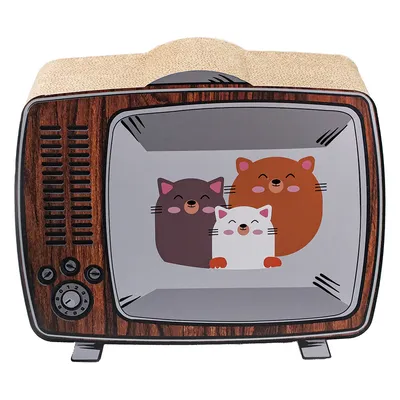 Katzen-Kratzmöbel in Form eines Retro-Fernsehers mit drei gezeichneten Katzen auf dem Bildschirm. Material: Pappe und Sisal.