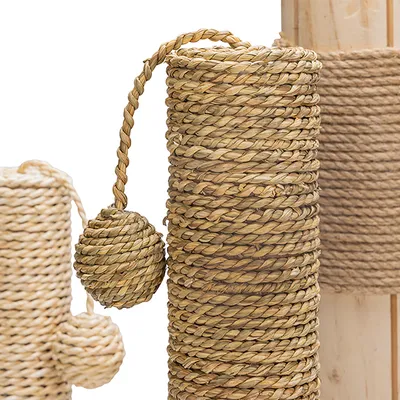 Scratching post element made of woven natural material with hanging ball toy, suitable for claw care and play.