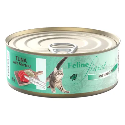 Porta 21 Feline Finest, tunfisk med shirasu, 85g dåse, med Breitling. Billede af en kat og fiskestykker på emballagen.