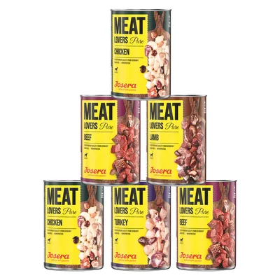 Josera MEAT LOVERS Pure konzervy: kuře, hovězí, jehněčí, krůta. Nápis: Superprémiová kvalita z Německa, bezobilný, monoprotein.