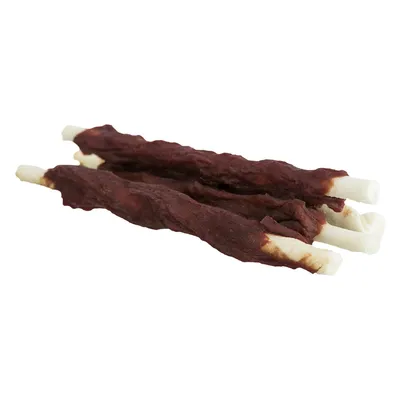 Drei Kausnacks mit weißem Kern und brauner Ummantelung, nebeneinander auf weißem Hintergrund.